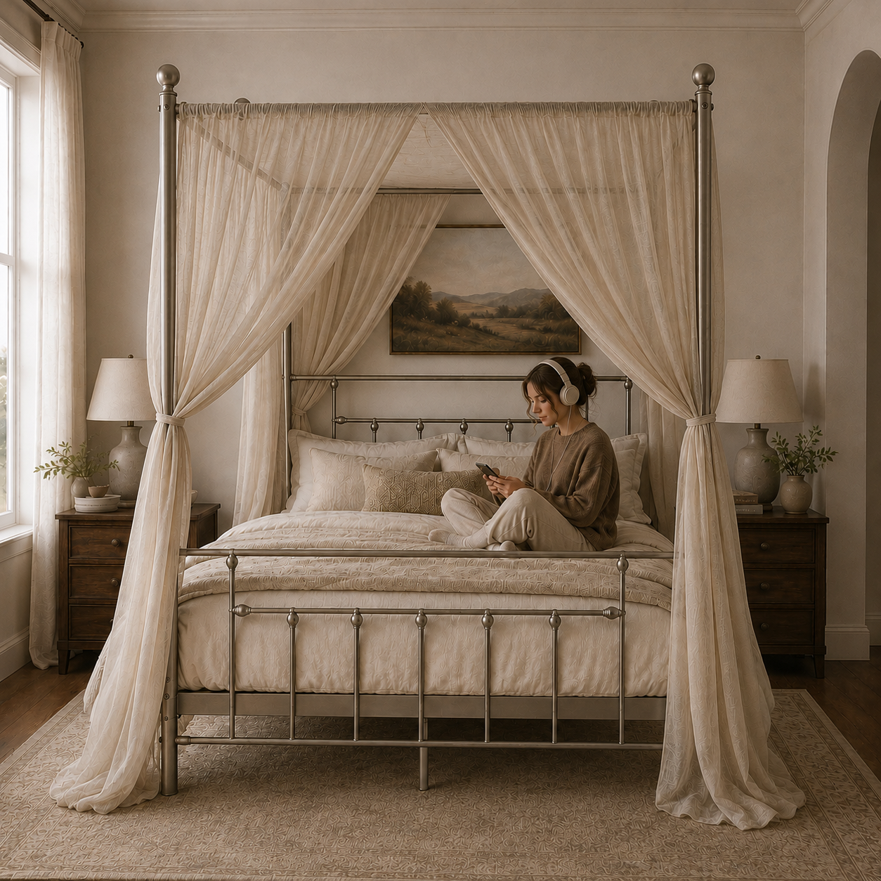 Charlotte Four Poster Metal Bed Frame with Finial Detailing, Double Canopy Bed - Nickel Silver Charlotte Four Poster Metal Bed Frame with Finial Detailing, Double Canopy Bed - Nickel Silver - Image 2