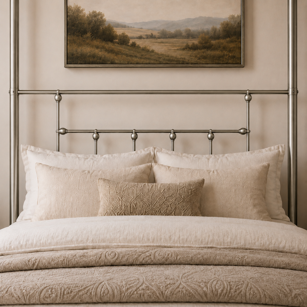 Charlotte Four Poster Metal Bed Frame with Finial Detailing, Double Canopy Bed - Nickel Silver Charlotte Four Poster Metal Bed Frame with Finial Detailing, Double Canopy Bed - Nickel Silver - Image 6