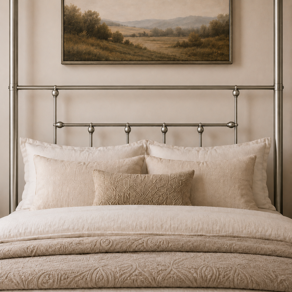 Charlotte Four Poster Metal Bed Frame with Finial Detailing, Double Canopy Bed - Nickel Silver