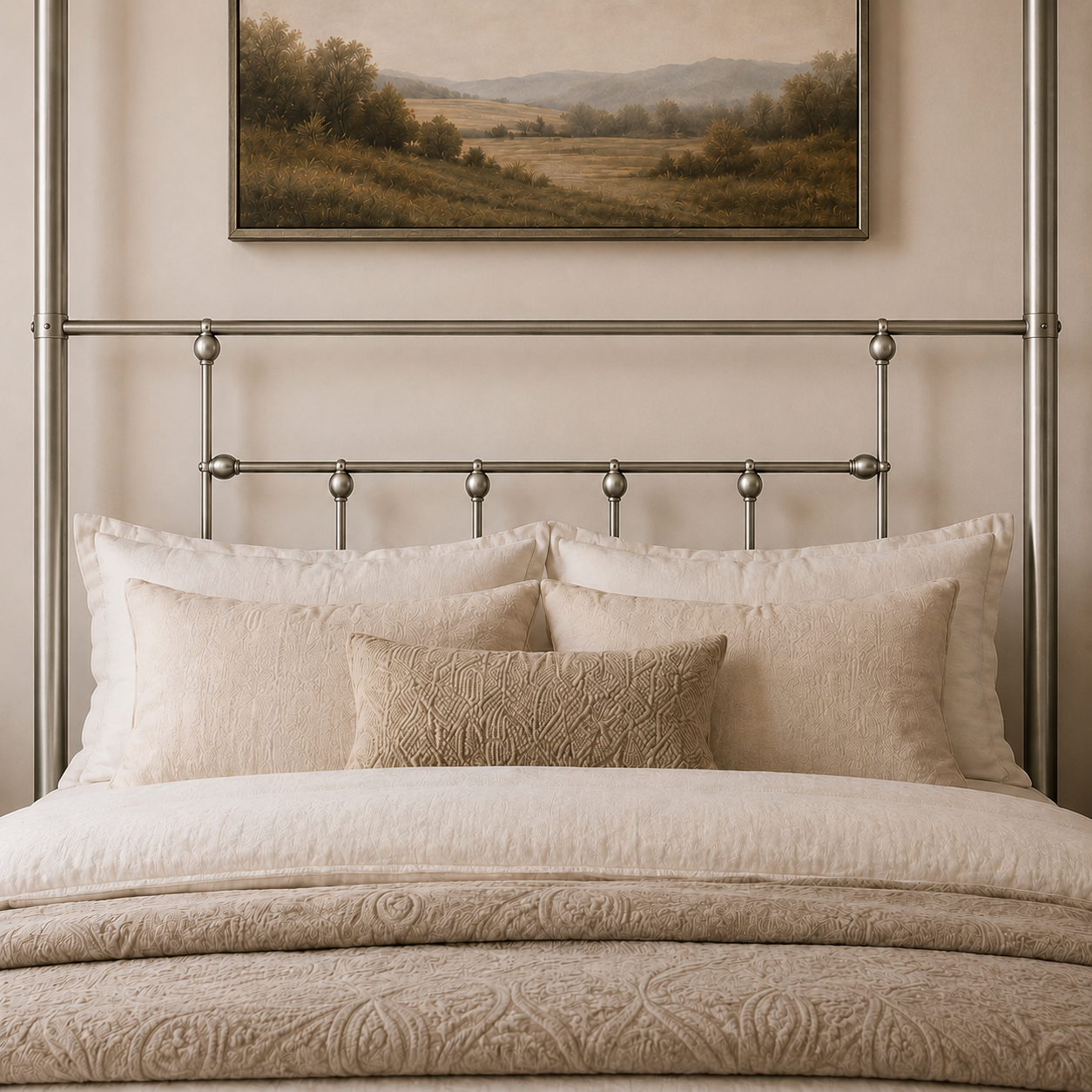 Charlotte Four Poster Metal Bed Frame with Finial Detailing, Double Canopy Bed - Nickel Silver Charlotte Four Poster Metal Bed Frame with Finial Detailing, Double Canopy Bed - Nickel Silver - Image 6