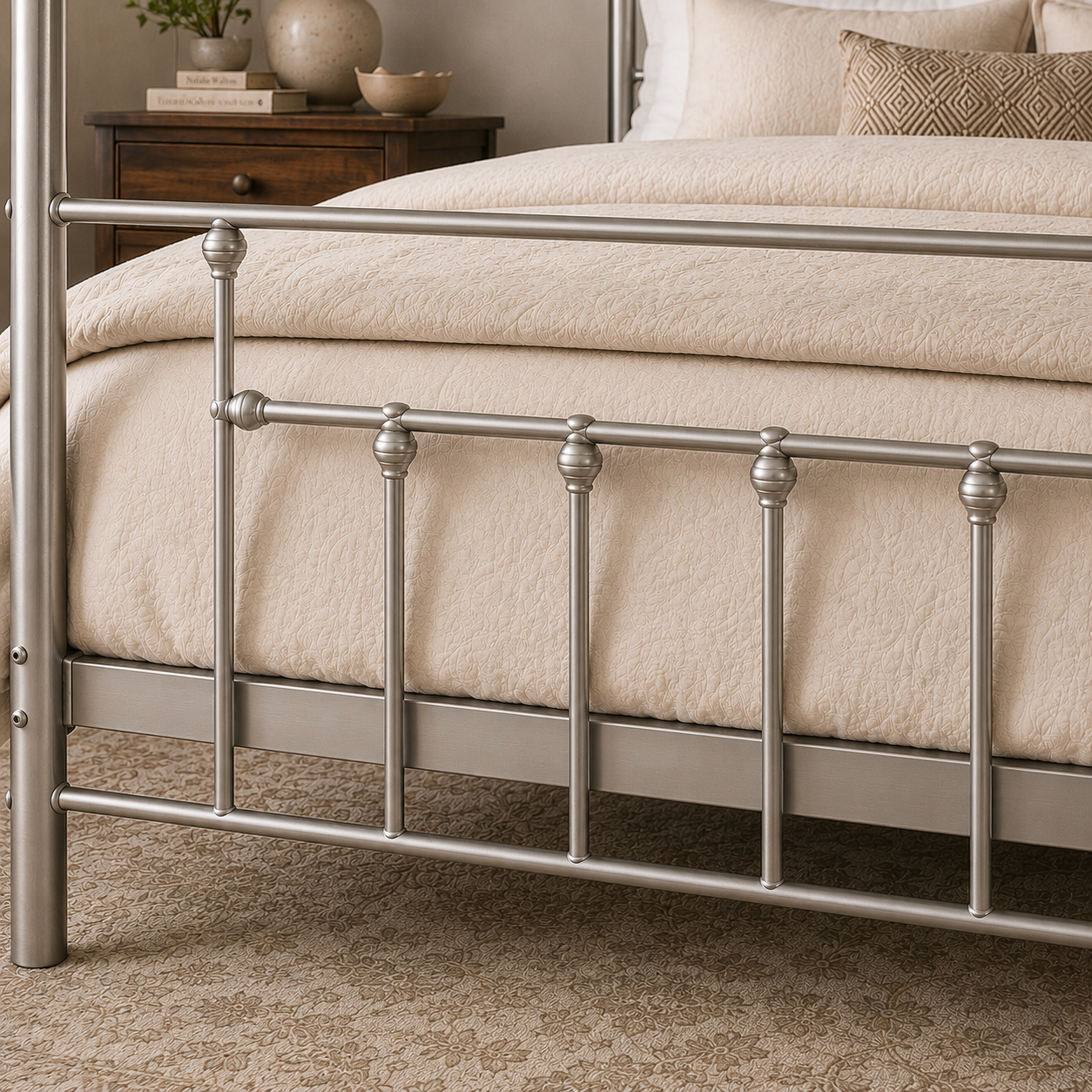Charlotte Four Poster Metal Bed Frame with Finial Detailing, Double Canopy Bed - Nickel Silver Charlotte Four Poster Metal Bed Frame with Finial Detailing, Double Canopy Bed - Nickel Silver - Image 7