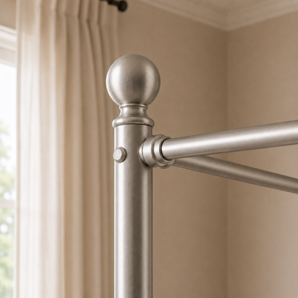 Charlotte Four Poster Metal Bed Frame with Finial Detailing, Double Canopy Bed - Nickel Silver