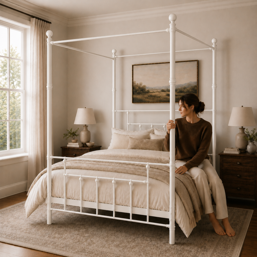 Charlotte Four Poster Metal Bed Frame with Finial Detailing, Double Canopy Bed - White