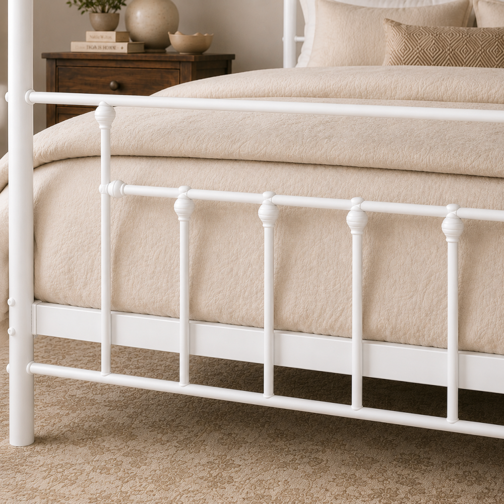 Charlotte Four Poster Metal Bed Frame with Finial Detailing, Double Canopy Bed - White