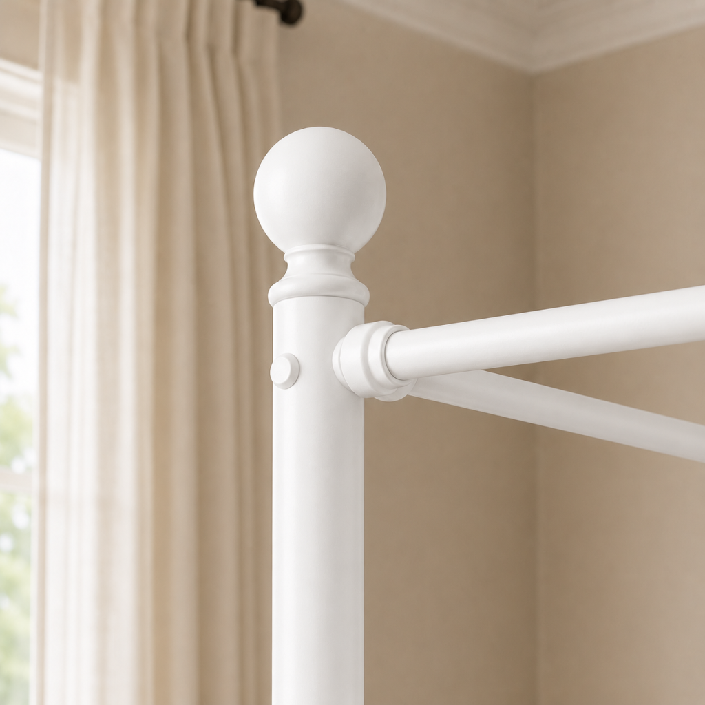Charlotte Four Poster Metal Bed Frame with Finial Detailing, Double Canopy Bed - White