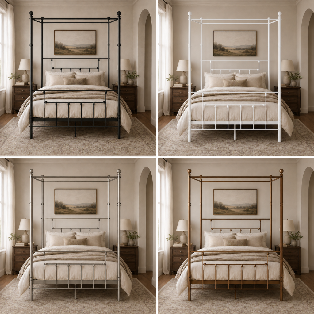 Charlotte Four Poster Metal Bed Frame with Finial Detailing, Double Canopy Bed - Antique Gold