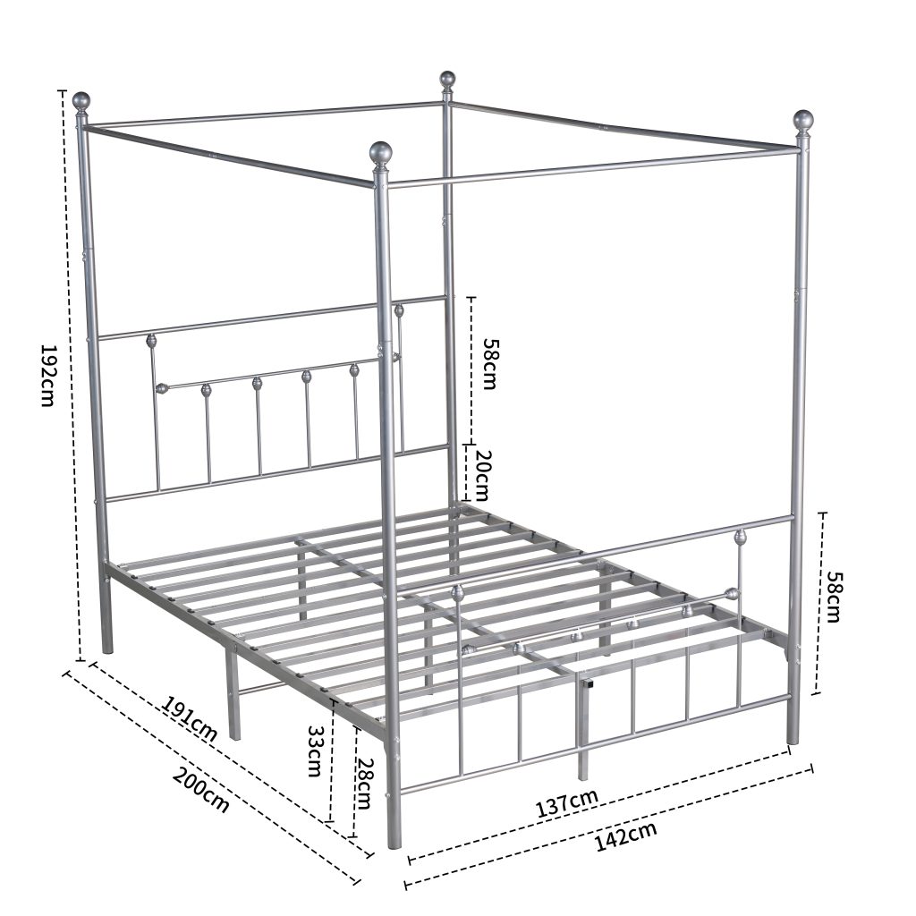 Charlotte Four Poster Metal Bed Frame with Finial Detailing, Double Canopy Bed - Nickel Silver