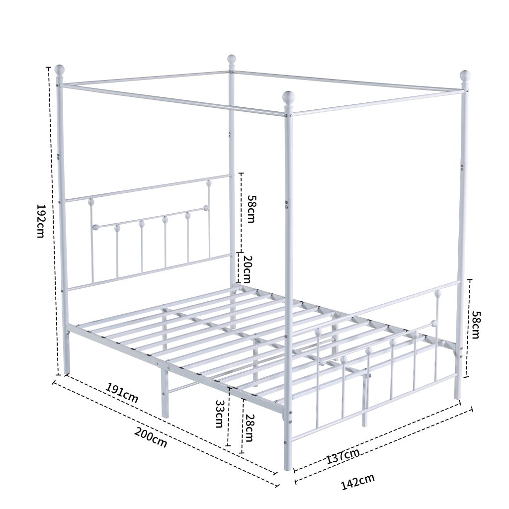 Charlotte Four Poster Metal Bed Frame with Finial Detailing, Double Canopy Bed - White