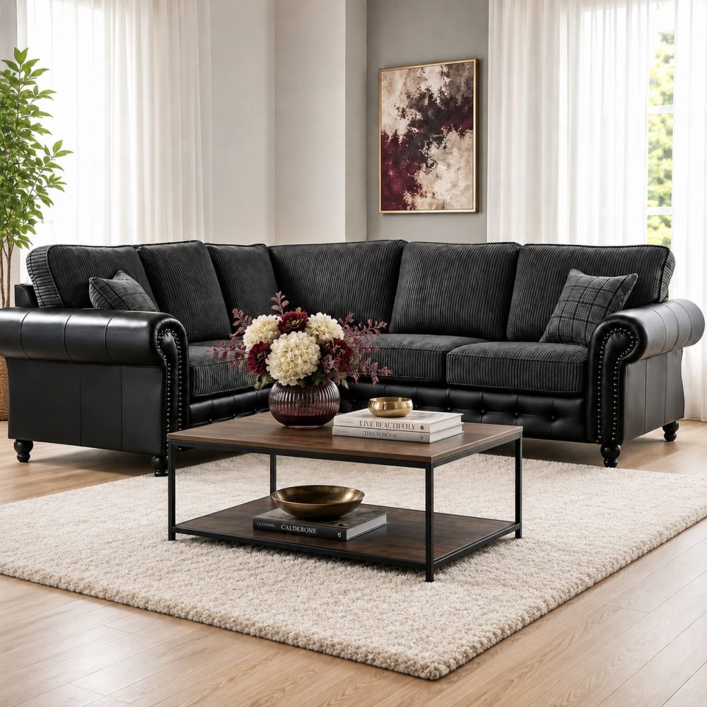 Woodland Jumbo Cord with Leather Accents 2C2 Corner Sofa Suite