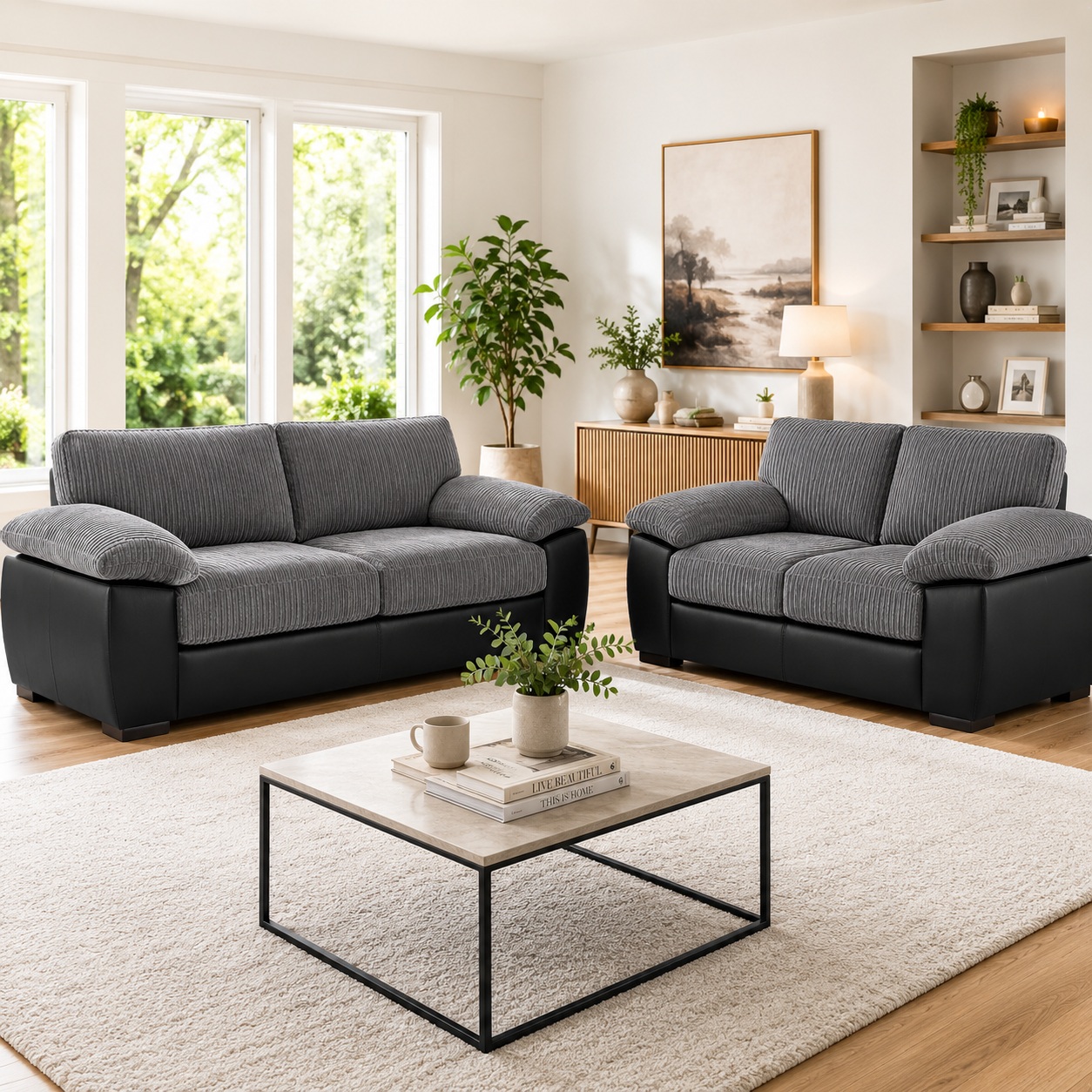 Amalfi Jumbo Cord with Leather Accent 3+2 Sofa in Grey with Black Amalfi Jumbo Cord with Leather Accent 3+2 Sofa in Grey with Black