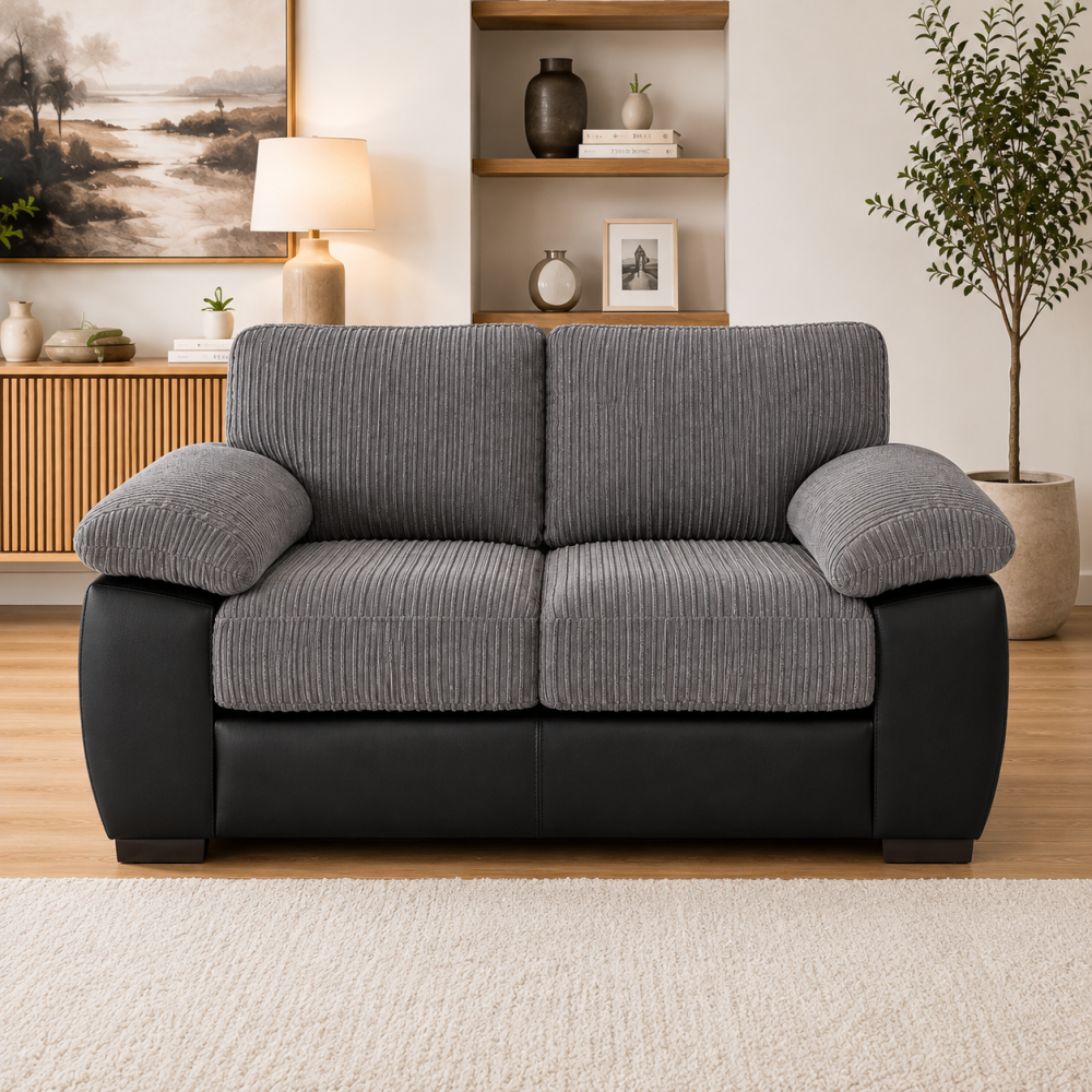 Amalfi Jumbo Cord with Leather Accent 3+2 Sofa in Grey with Black Amalfi Jumbo Cord with Leather Accent 3+2 Sofa in Grey with Black - Image 3