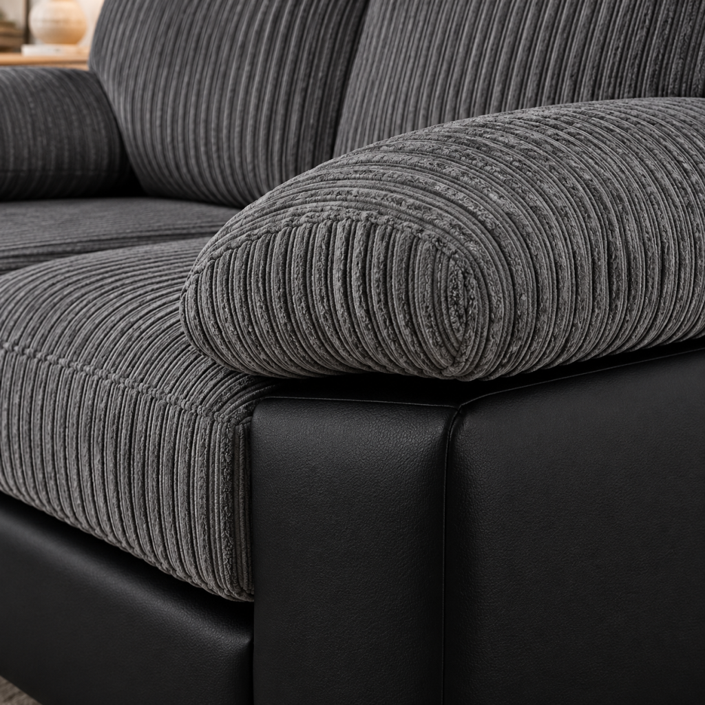 Amalfi Jumbo Cord with Leather Accent 3+2 Sofa in Grey with Black