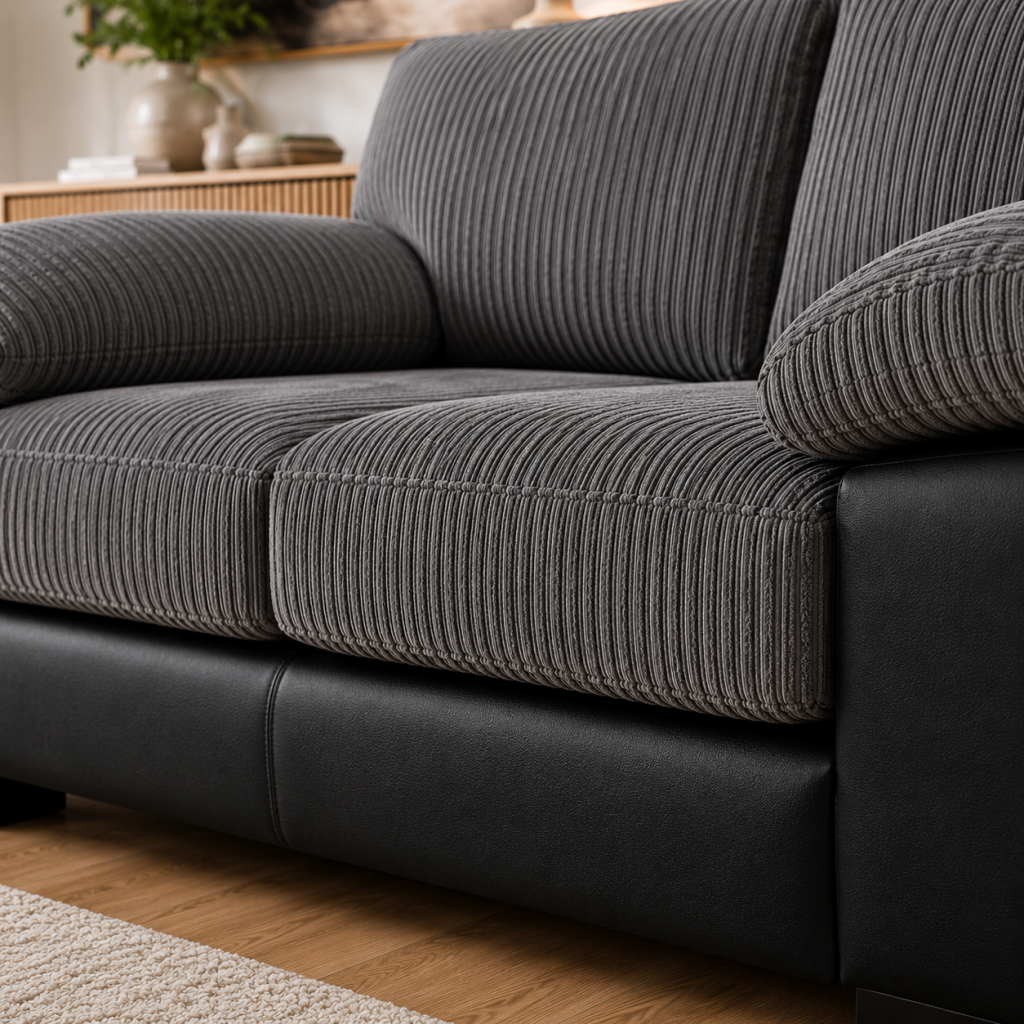 Amalfi Jumbo Cord with Leather Accent 3+2 Sofa in Grey with Black