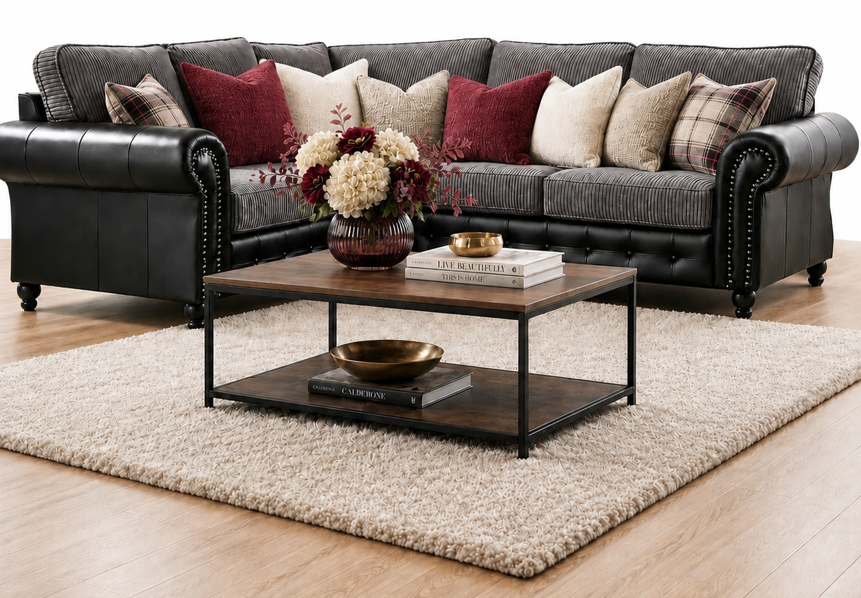 Woodland Jumbo Cord with Leather Accents 2C2 Corner Sofa Suite