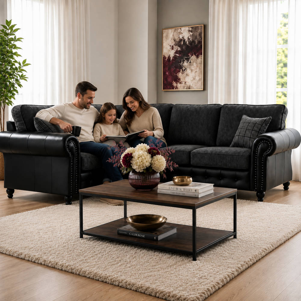 Alternative view of Woodland Jumbo Cord with Leather Accents 2C2 Corner Sofa Suite