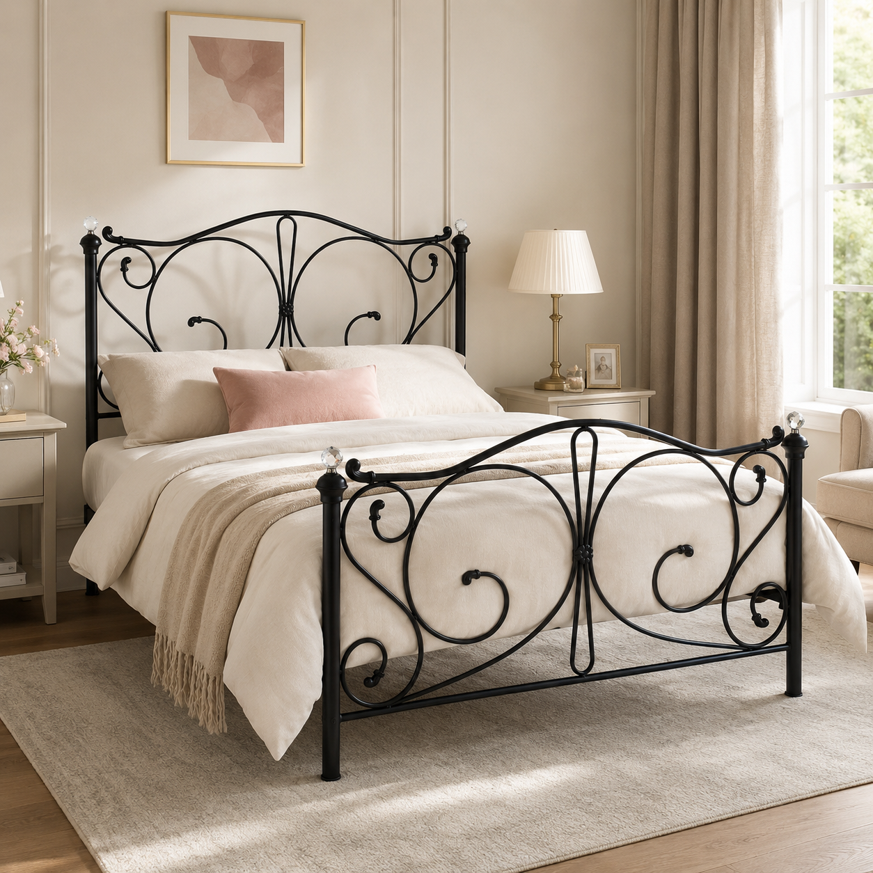 Sofia Metal Bed Frame with Crystal Finials, Victorian Style Double - Black Sofia Metal Bed Frame with Crystal Finials, Victorian Style Double - Black