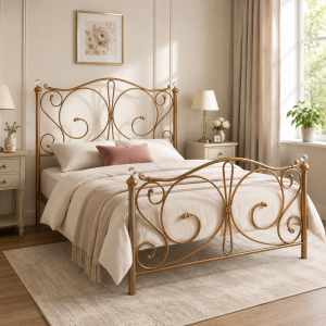 Sofia Metal Bed Frame with Crystal Finials, Victorian Style Double - Antique Gold