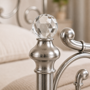 Sofia Metal Bed Frame with Crystal Finials, Victorian Style Double - Nickel Silver - Image 4