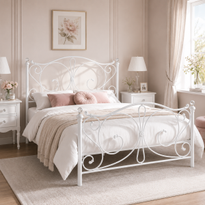 Sofia Metal Bed Frame with Crystal Finials, Victorian Style Double - White