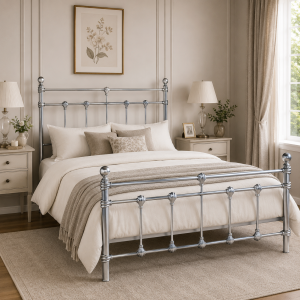 Isabella Metal Bed Frame with Finial Detailing - Double Bed - Nickel Silver