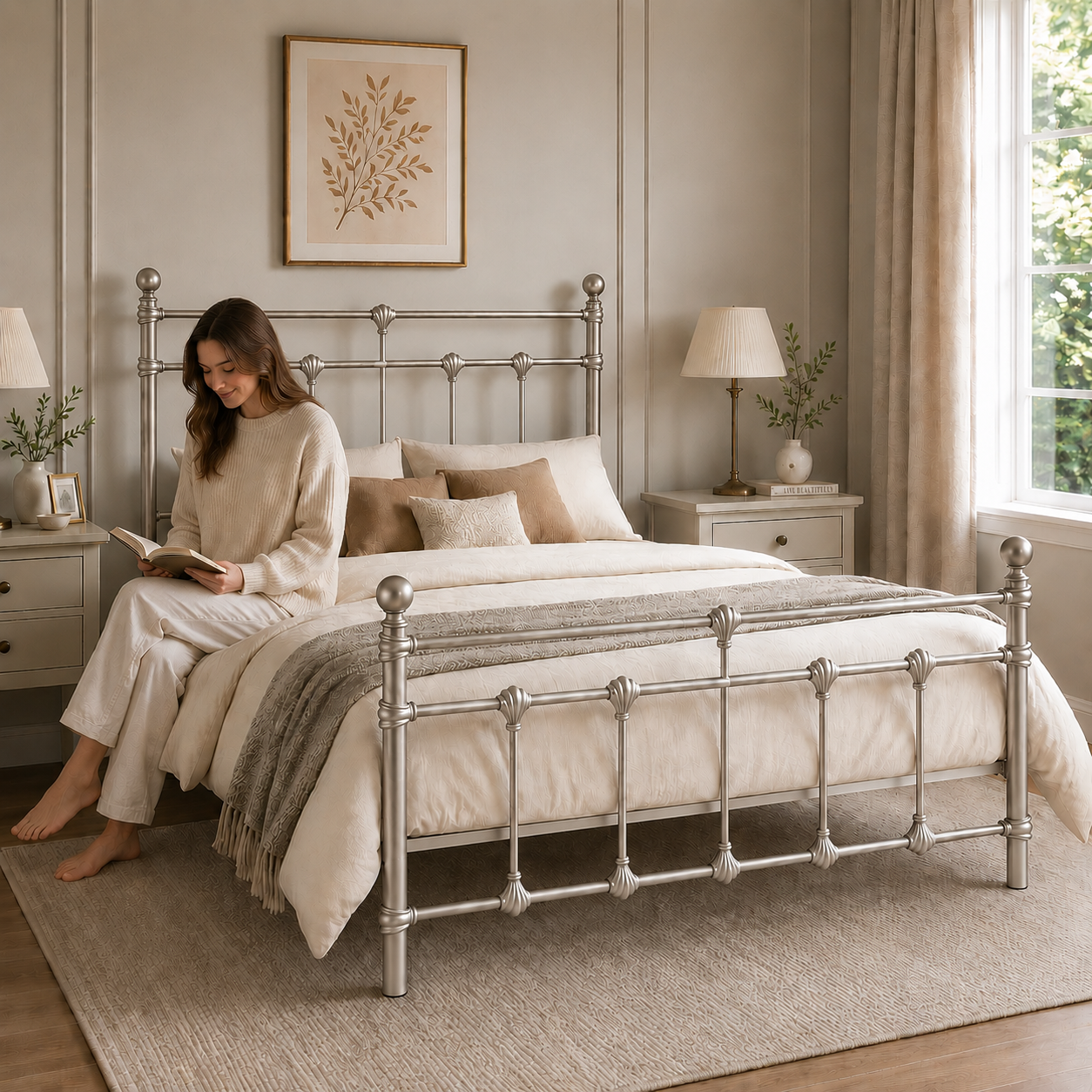 Isabella Metal Bed Frame with Finial Detailing - Double Bed - Nickel Silver Isabella Metal Bed Frame with Finial Detailing - Double Bed - Nickel Silver - Image 2