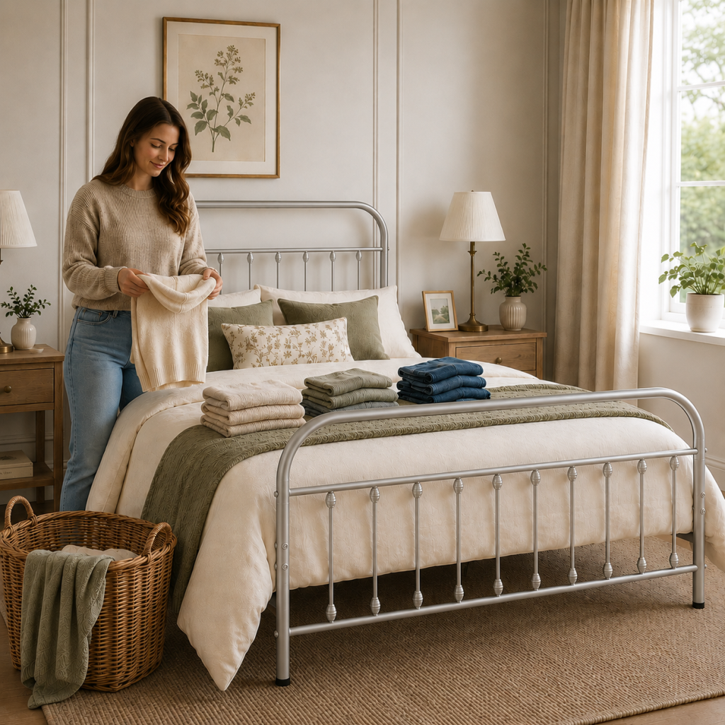 Amelia Metal Bed Frame with Decorative Spindle Detailing - Double Bed - Nickel Silver