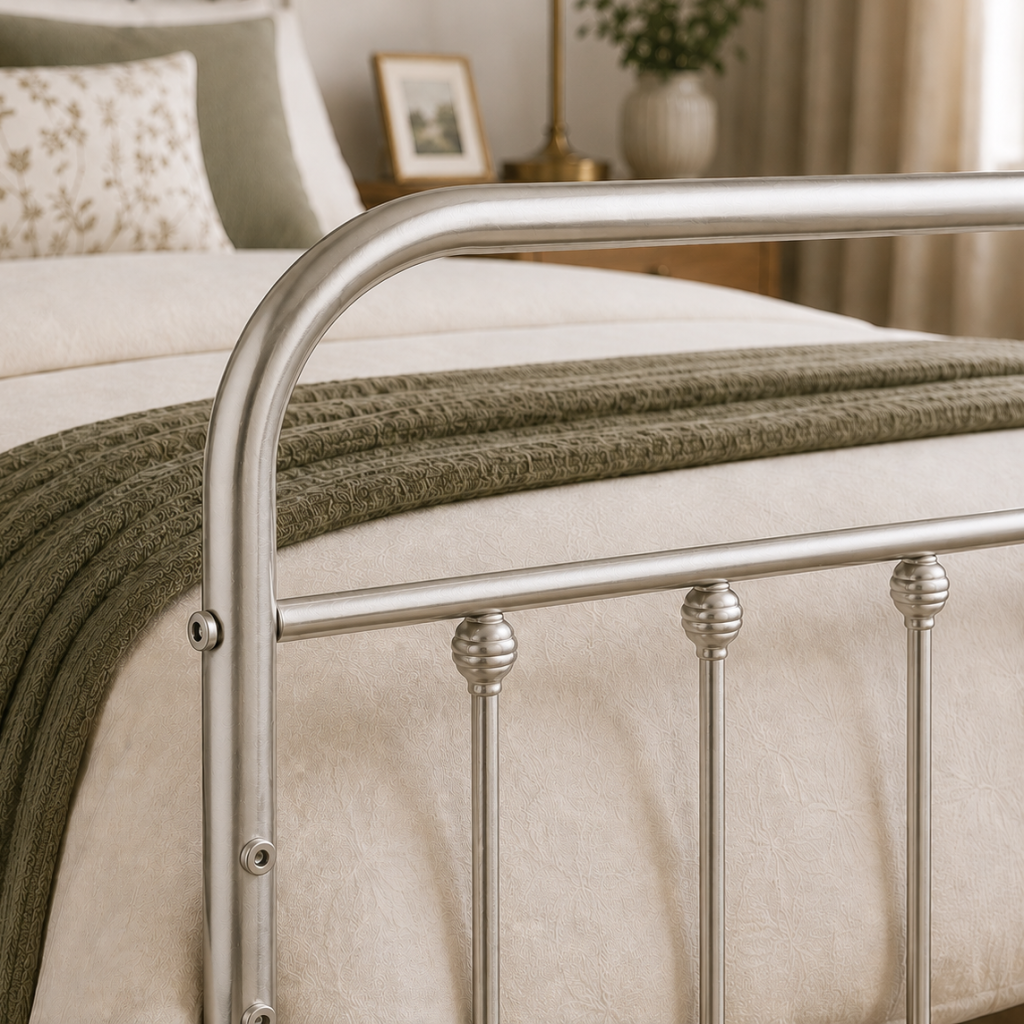 Amelia Metal Bed Frame with Decorative Spindle Detailing - Double Bed - Nickel Silver