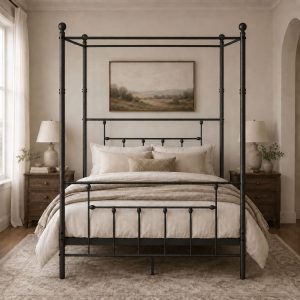 Luxury Life Furniture Charlotte Four Poster Metal Bed Frame with Finial Detailing, Double Canopy Bed - Black