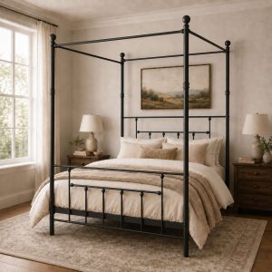 Charlotte Four Poster Metal Bed Frame with Finial Detailing, Double Canopy Bed - Black - Image 3