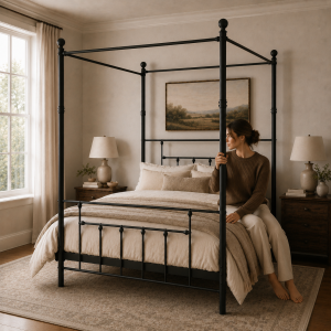 Charlotte Four Poster Metal Bed Frame with Finial Detailing, Double Canopy Bed - Black - Image 4
