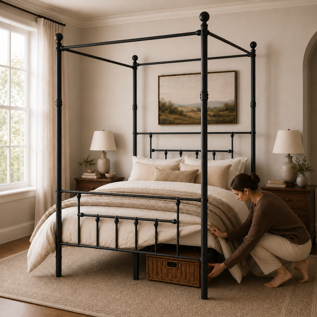 Charlotte Four Poster Metal Bed Frame with Finial Detailing, Double Canopy Bed - Black