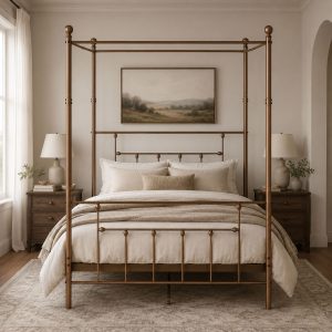 Luxury Life Furniture Charlotte Four Poster Metal Bed Frame with Finial Detailing, Double Canopy Bed - Antique Gold