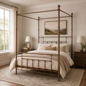 Charlotte Four Poster Metal Bed Frame with Finial Detailing, Double Canopy Bed - Antique Gold - Image 3