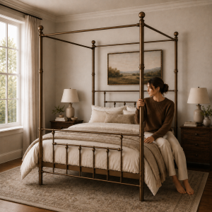 Charlotte Four Poster Metal Bed Frame with Finial Detailing, Double Canopy Bed - Antique Gold - Image 4