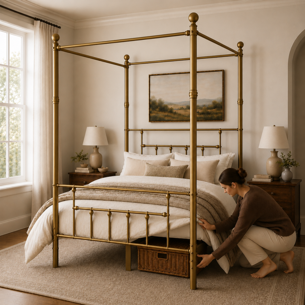 Charlotte Four Poster Metal Bed Frame with Finial Detailing, Double Canopy Bed - Antique Gold