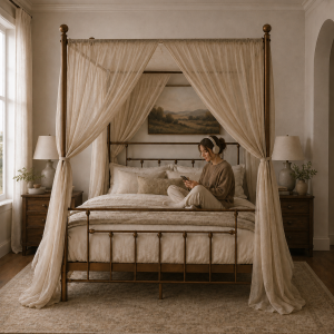 Alternative view of Charlotte Four Poster Metal Bed Frame with Finial Detailing, Double Canopy Bed - Antique Gold
