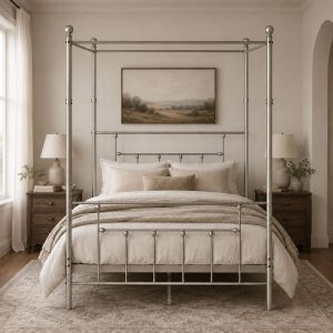 Luxury Life Furniture Charlotte Four Poster Metal Bed Frame with Finial Detailing, Double Canopy Bed - Nickel Silver