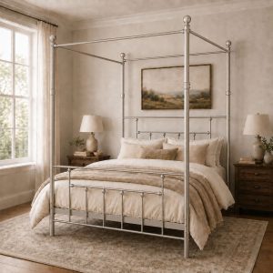 Charlotte Four Poster Metal Bed Frame with Finial Detailing, Double Canopy Bed - Nickel Silver - Image 3