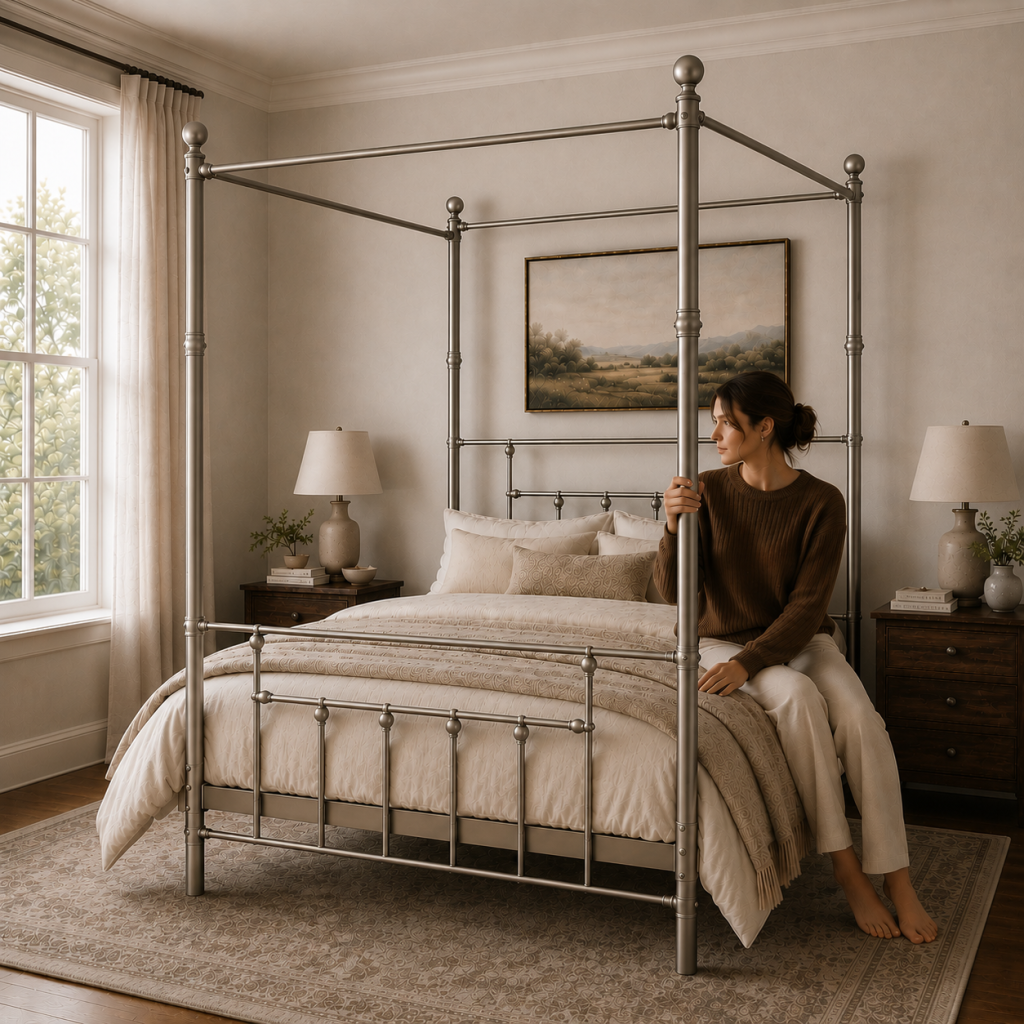 Charlotte Four Poster Metal Bed Frame with Finial Detailing, Double Canopy Bed - Nickel Silver