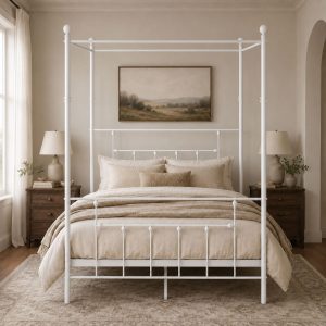 Luxury Life Furniture Charlotte Four Poster Metal Bed Frame with Finial Detailing, Double Canopy Bed - White