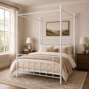 Charlotte Four Poster Metal Bed Frame with Finial Detailing, Double Canopy Bed - White - Image 3