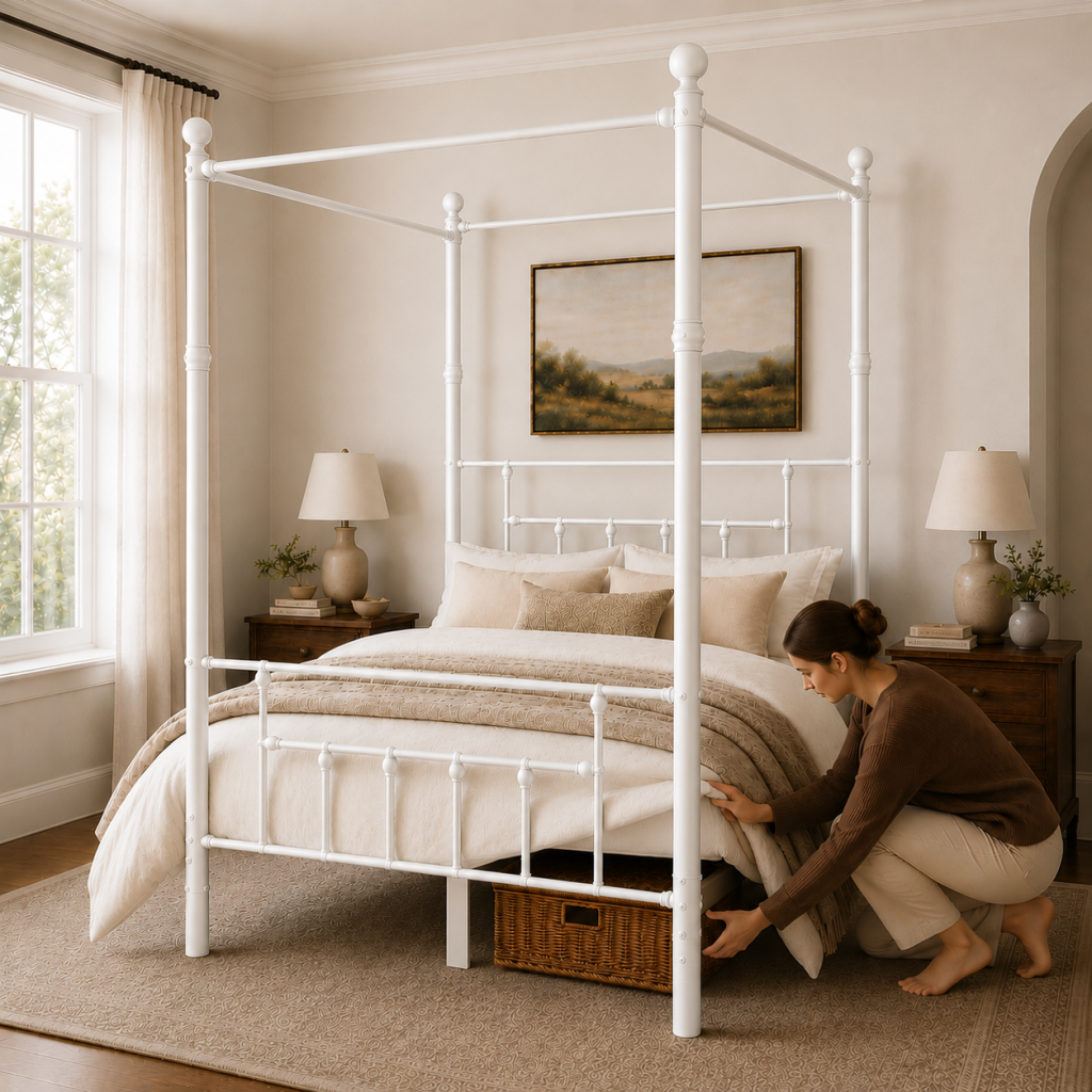 Charlotte Four Poster Metal Bed Frame with Finial Detailing, Double Canopy Bed - White