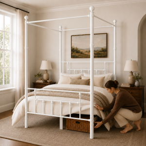 Charlotte Four Poster Metal Bed Frame with Finial Detailing, Double Canopy Bed - White - Image 5