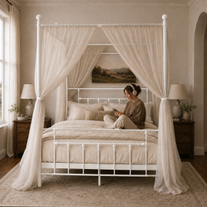 Alternative view of Charlotte Four Poster Metal Bed Frame with Finial Detailing, Double Canopy Bed - White