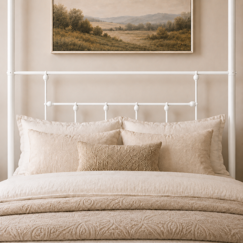 Charlotte Four Poster Metal Bed Frame with Finial Detailing, Double Canopy Bed - White