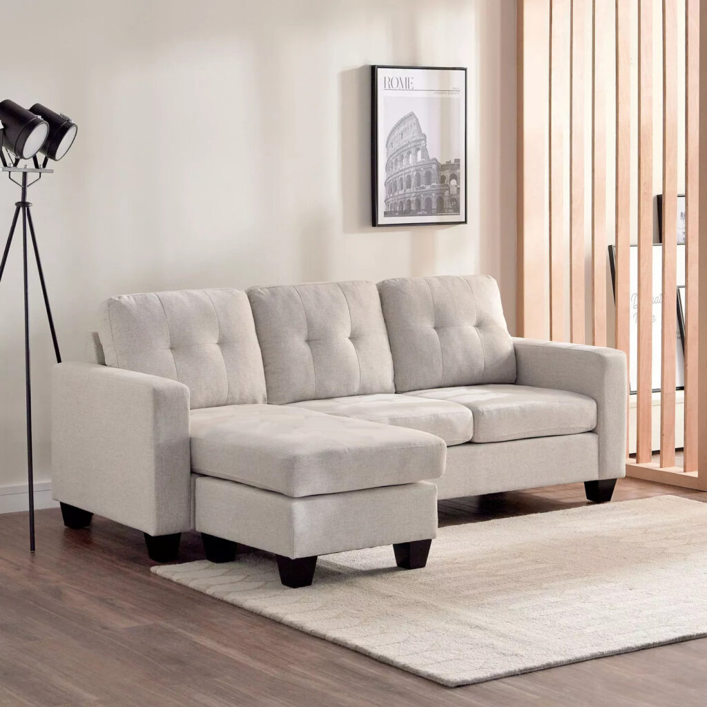 Luna Linen Fabric 3 Seater Convertible Sectional Sofa in Beige Luna Linen Fabric 3 Seater Convertible Sectional Sofa in Beige