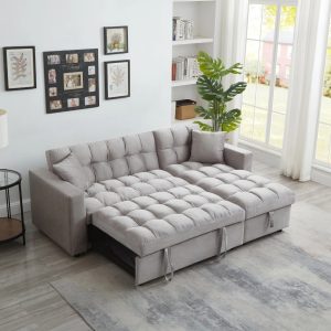 Madrid Velvet 3 Seater Pullout Sofa Bed in Grey with Reversible Storage Chaise - Image 2