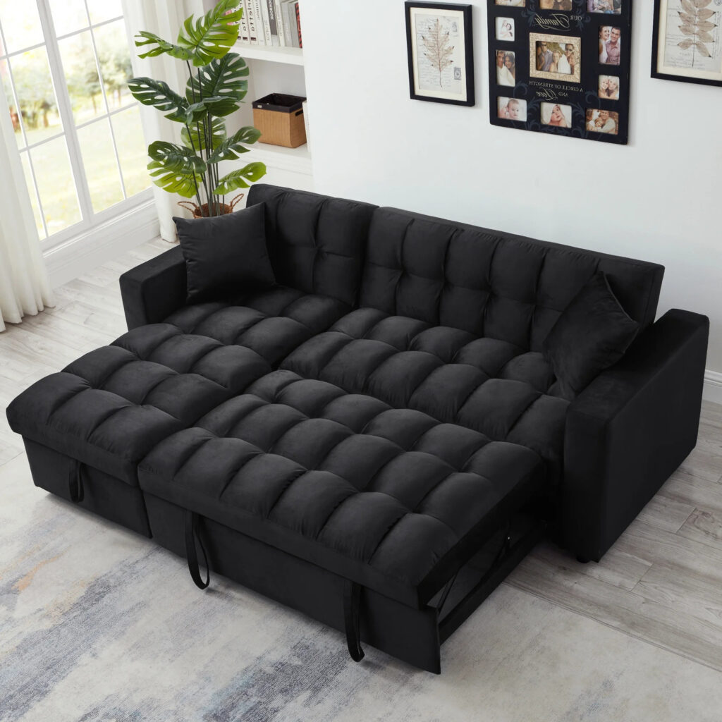 Madrid Velvet 3 Seater Pullout Sofa Bed in Black with Reversible Storage Chaise