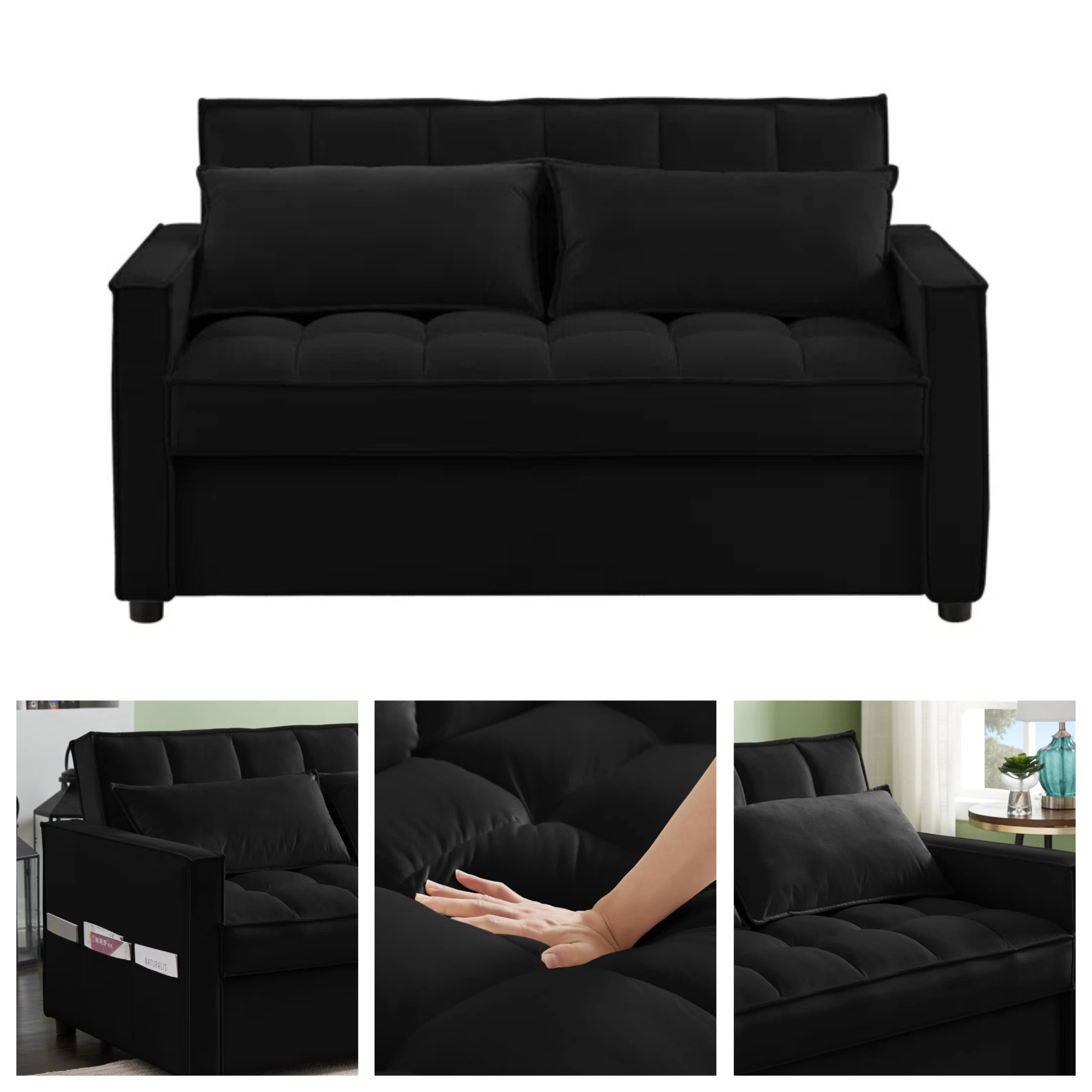 Madrid Velvet 2 Seater Pullout Sofa Bed in Black Madrid Velvet 2 Seater Pullout Sofa Bed in Black - Image 4