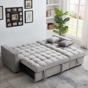 Madrid Velvet 3 Seater Pullout Sofa Bed in Grey with Reversible Storage Chaise - Image 3